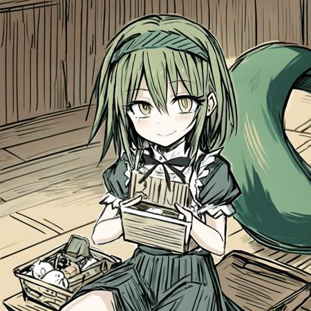 04077-4268782415-official art, official artstyle, game cg, bille, 1girl, solo, sitting, smile, holding a picnic box, green hair, ringed eyes, yel.png